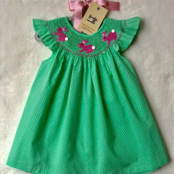 SOLD Pink bunny smocked polka dot green dress - Picture 1 of 2